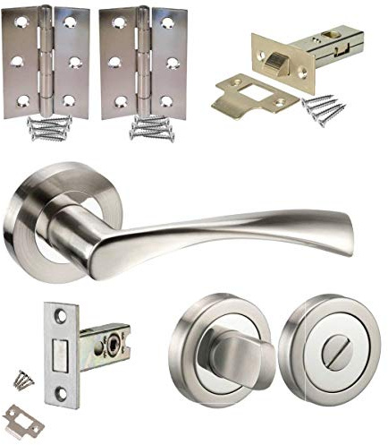 Golden Grace Astrid Bathroom Door, Duo Satin Nickel/Polished Chrome | Includes matching thumb turn, spindle, screws, pair of butt hinges, 64mm tubular latch, and 64mm deadbolt.