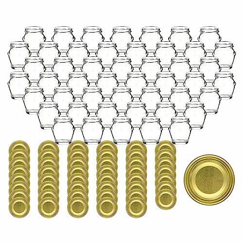 gouveo 48er Set Einmachgläser 106 ml Henkel mit Schraubdeckel - Leere Vorratsgläser zum Einkochen und Aufbewahren - Kleine Gläser für Selbstgemachtes (EGH106G)