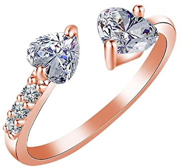 Personalisierter Anfangsbuchstabe Open Ring mit Double Heart Zirkonia Stapelbaren Frauen Statement Ringen Party Ring Verstellbare Alphabet Ring Buchstabe Jewerly für Mädchen Damen (Rose Gold, Onesize)