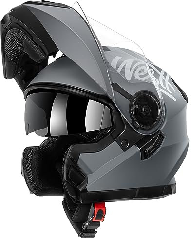 Westt Klapphelm Motorradhelm Integralhelm mit Sonnenlende und Visier, ECE-R 22.06 Motocross Helm Mopedhelm für Damen und Herren, Mattschwarz / Mattgrau/ Weiß, in Größe S-XL