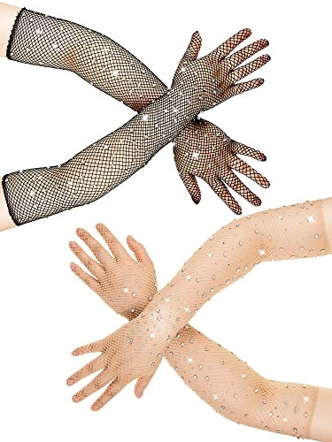 Chuarry Rhinestone Fishnet Long Gloves - 2 Pairs Black Nude Net Mesh Arm Sleeve 80s Opera Glitter Sheer Wedding Women's Novelty Gloves, Black and Nude, Medium