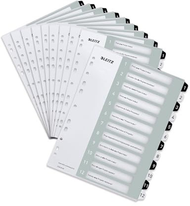 Leitz Register für A4, 10er Pack, PC-beschriftbares Deckblatt und 12 Trennblätter, Taben mit Zahlenaufdruck 1-12, Überbreite, Weiß/Schwarz, Polypropylen, WOW, 12160000