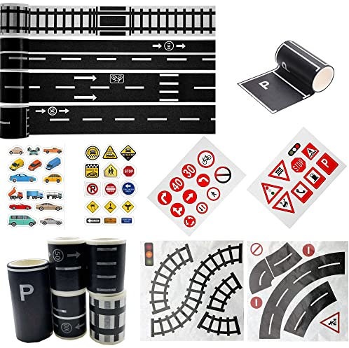 Cayway 10 Pieces Road Tape Railway, Curve, Motorway, Speed Limit Track with Traffic Sign, Parking Sign Sticker for Children Vehicle, Kid Learning Adhesive Tape