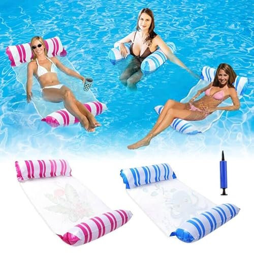 2 Pack Inflatable Pool Floats Hammock, 4-in-1 Multi-Purpose Pool Infalatable, Swimming Pool Inflatables with a Manual Air Pump, Pool Chairs Toy for Adult Kids Water Party Beach