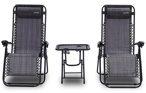 SereneLife Liegestuhl, Gartenliege Klappbar, Relaxliege, Sonnenstuhl als Gartenbett, Gartenmöbel zum Relaxen 2 Stück Grau, Loungesessel Verstellbar mit Seitentisch, Kopfkissen & Getränkehalter, Grau