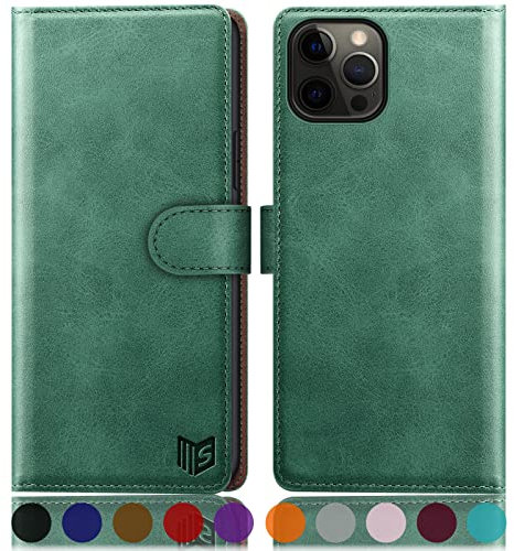 SUANPOT [RFID Schutz für iPhone 12/iPhone 12 Pro 6,1-Zoll Hülle PU Leder Handyhülle Lederhülle Klapphülle Kartenfach Flip Cover für Apple 12 Handy hülle Leather Wallet Phone Case Hellgrün