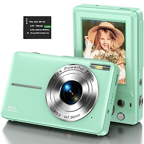 Digitalkamera 1080P Kinderkamera HD 44MP Fotokamera Kompaktkamera Fotoapparat Digitalkamera mit 2,4 LCD Bildschirm und 16X Digitalzoom für Kinder, Studenten, Anfänger-Grün (1 Batterie ohne Karte)