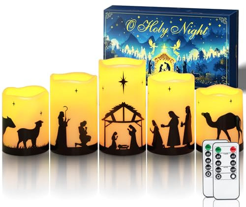 Homemory Flammenlose Weihnachtskrippe Kerzen, Batteriebetriebene Advent LED-Säule Religion Kerzen, Krippe Sets Innen Outdoor-Dekorationen für Holiday Home Decor, mit Fernbedienung und Timer, 5er-Set