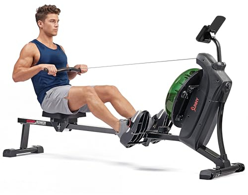 Sunny Health & Fitness Smart Hydro-Magnet-Rudergerät fürs Ganzkörper-Cardio | SunnyFit-App, Hydro + 16-Lvl Magnetwiderstand, 124 cm Laufschienenlänge, 112 cm Schrittlänge, 120 kg Belastbarkeit