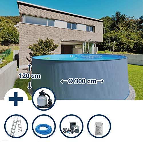 Planet Pool Stahlwandpool Set (7-teilig) hoch rund 300 x 120 cm, Stahl 0,4 mm anthrazit Folie 0,4 mm blau