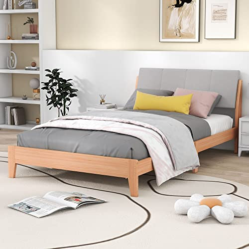 Kayan Holzbett, Einzelbett, Polster Kopfteil, Jugendbett, Erwachsenenbett, Rahmen aus Kiefernholz, Natur (90x200cm)