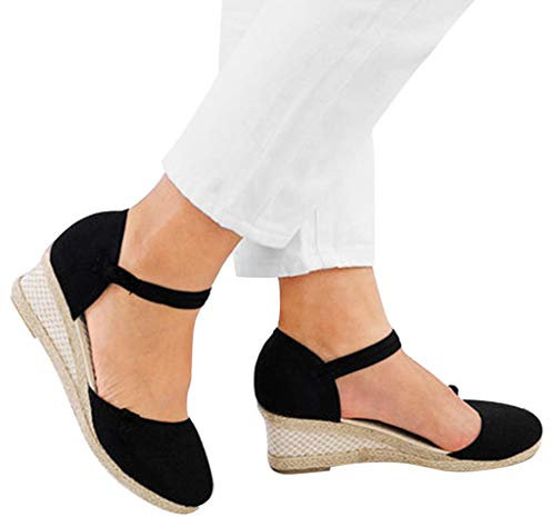 Alueeu Sandalias Mujer Verano 2023 Cuña Comodas Alpargatas Zapatos Casual Hebilla Fiesta Clásica Elegantes con Pala Cerrada Exterior Forrada de Yute Romano Sandalias de Playa, 06 Negro, 39 EU