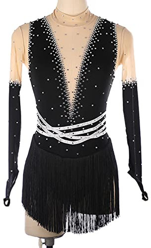 JRUIA Eiskunstlauf Trainingskleid Mit Fransen Lange Ärmel Eislauf Performance Kostüme Für Mädchen Klassischer Rollschuhrock Outdoor Gymnastik Trikot,Schwarz,XXXL