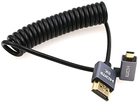 Eonvic 8K 2.1 HDMI auf Micro HDMI rechtwinkliges Kabel, High Speed 48Gbps Spiralkabel für Atomos-Ninja-V 4K-60P Record 48Gbps HDMI für Canon-R5C, R5, R6