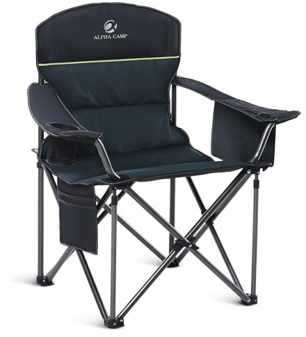 GREEN PARTY Klappbarer Campingstuhl, übergroß, strapazierfähig, mit Kühltasche, Getränkehalter, Aufbewahrungstasche, zusammenklappbarer, gepolsterter Outdoor-Armstuhl, Quad-Lendenwirbellehne,