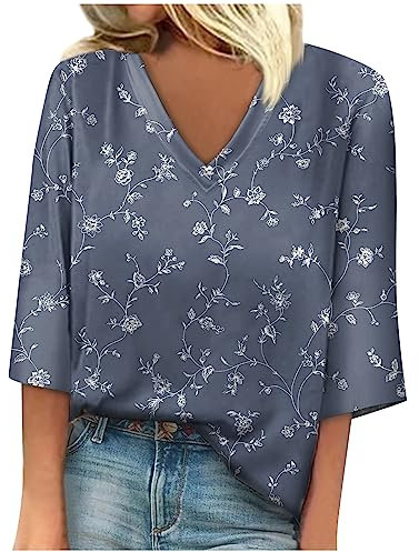 Damen Sommer T-Shirt Damen Elegant Ärmellose T-Shirt Tops V-Ausschnitte 3/4 Ärmel Shirts Top Sportshirt Oberteile Frauen Schwarz Grau Kleidung Basic Sommer Laufshirt Bluse Tee