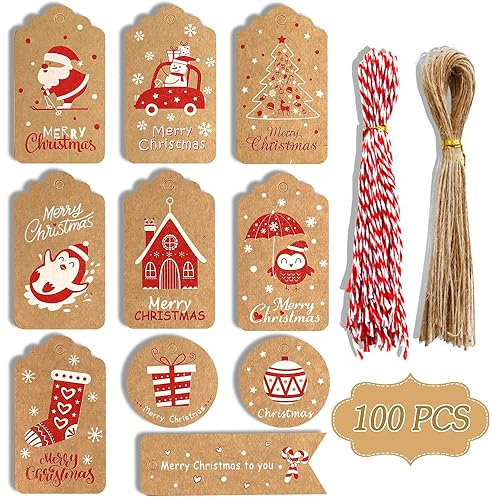 100 Stück Weihnachtsgeschenkanhänger,Geschenkanhänger Weihnachten Kraftpapier,Weihnachten Anhänger Geschenk,Kraftpapier Etiketten Weihnachten,Geschenkanhänger Kraftpapier