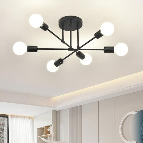 ZYDTRIP Sputnik Chandelier, Industrial Semi Flush Mount, Black 6-Light Modern Ceiling Light for Bedroom, Living Room, Dining Room, Kitchen, Office, Hallway