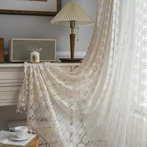Freyamy 2er Set Gardinen Transparent Blumen Stickerei,Transluzente Vorhang Beige mit Stangendurchzug,Bestickte Spitze Gardinen Vintage Makramee,Tür Stangentaschen-Vorhang 260x150cm für Schlafzimmer