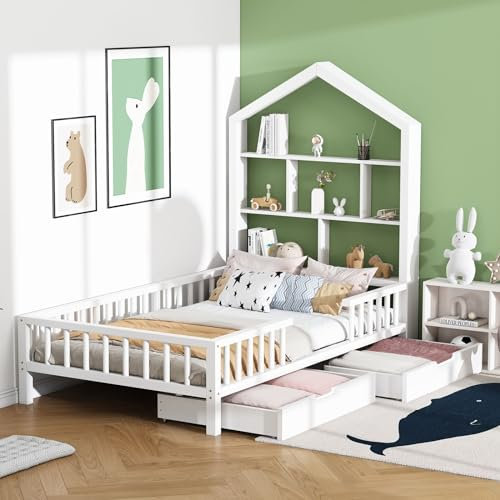 Daesar Hausbett 90x200 mit Rausfallschutz, Funktionsbett mit Bücherregal Ablage und Schubladen, Massivholz Bett Kinder mit Lattenrost, Einzelbett Jugendbett für Jungen Mädchen, Weiß