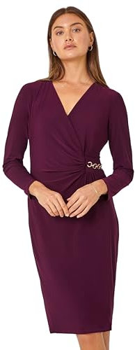 Roman Chain Detail Wrap Stretch Dress for Women UK - Ladies Autumn Everyday Winter Holiday V-Neckline Comfy Long Sleeve Soft Midi Length Frock Dinner Date Gowns - Plum - Size 16