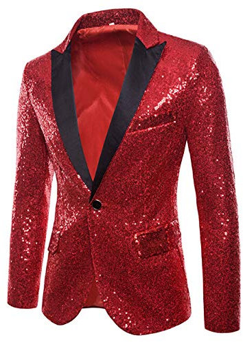 Alaurbeauty Herren Slim Fit Sakko Blazer Anzugjacke Freizeit EIN-Knopf Pailletten Glitter Anzug Jacke Karneval Kostüm für Hochzeit Party Festlich (Rot, XL)