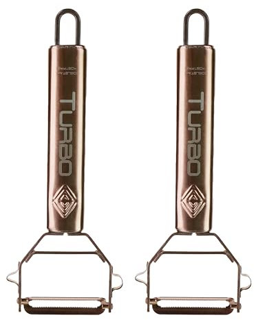TURBO PRODUKTE 2 Stück Sparschäler Rosé aus Edelstahl für Obst & Gemüse - Vor-und Rückwärts mit Pendelklinge für Links- & Rechtshänder - 3in1 Funktion