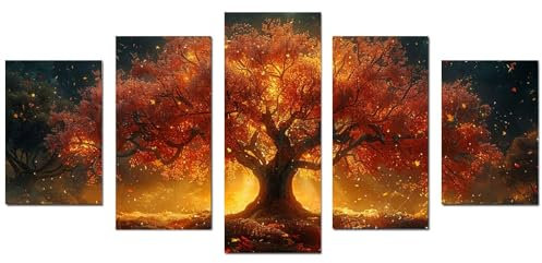 JOSUE 5 pezzi Albero Della Vita Quadri Albero Della Vita Sotto Il Sole Stampe E Quadri Su Tela,Oro Quadri Dipinti Appesi Per Camera Da Letto Cucina Sala Da-50x100cm Non incorniciato