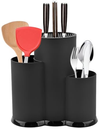 Yuragim Messerblock Ohne Messer, Schwarz Messerblockhalter Unbestückt, 3 in 1 Universal Runder Messerblöcke Messerblöcke Küchenmesser Organizer mit Utensilienhalter für Alle Küchenmesser Geeignet