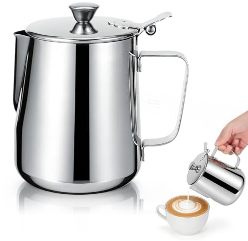 Milchkännchen mit Deckel, 600 ml/1000 ml, Milchaufschäumkännchen, Edelstahl Kanne mit Deckel, Milchaufschäumkrug mit Griff Milchkanne Kaffee Kännchen Milchaufschäumer für Latte-Kaffee(1000ML)