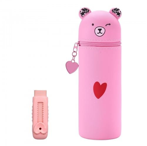 Aomhrek Trousse à Crayons Ours, Ensemble Étui en Silicone et Gomme Extensible, Trousse École, Petite Trousse Stylo en Silicone pour Enfants, Trousse Scolaire Fille (Rose)