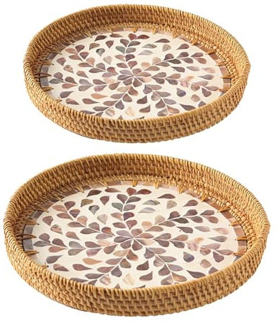 Bandeja redonda de mimbre con incrustaciones de nácar decorativa para servir alimentos y café