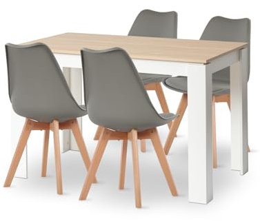 FURNITABLE Esstisch mit 4 Stühlen Esszimmergruppe, 4er Set Esszimmerstühle und 120CM Rechteckig Holztisch Essgruppe für Wohnzimmer Küche Büro (Eiche-Weiß Tischbein Tisch+4 Grau Stühle)