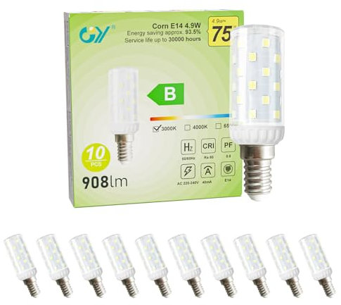 GY Kühlschranklampe E14 LED Warmweiss Birne, 3000K LED Lampe, 4,9W Glühbirne E14 ersetzt 75W Halogenlampen, 908LM, Kein Flackern Maiskolben Lampen Nicht Dimmbar, 10 stück