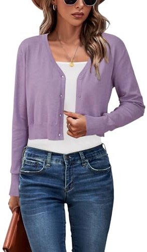 Newshows Damen Strickjacke Sommer Kurz Cropped Leichte Strickjacken Strick V Ausschnitt Bolero Misty Purple,XL