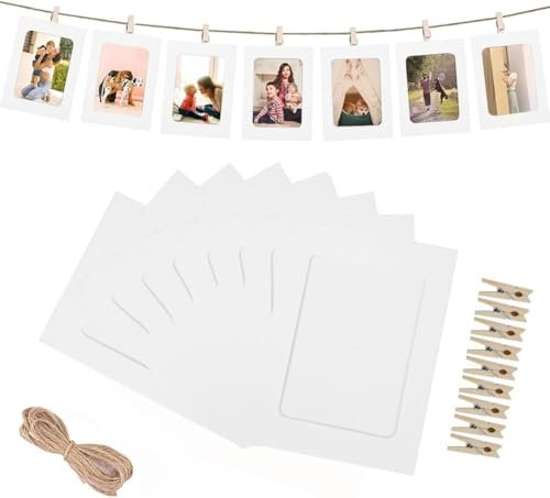 EAEVKPI 30Stück Weiß Papier Fotorahmen, 15.5 x 11.5cm Universal Papier-Bilderrahmen mit 30 Holzklammern, 3 Hanfseil und 3 Blättern Kristallaufklebern, Fotorahmen Pappe für Haus, Schule oder Party