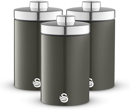 Swan SWKA18530GRP Townhouse Set of 3 Kitchen Storage Canisters for Tea, Coffee, and Sugar with Pull Chrome Handles, Airtight Lids, Colour Coated Iron and Chrome Accents, 1.6L, Graphite Grey