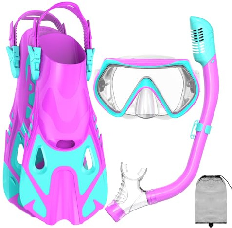 Snorkeling Gear for Kids, Kid Mask Fins Dry Top Snorkel Set, Youth Boys Girls Junior Age 6-14 Swimming Diving Swim Fins, Tempered Glass Panoramic View Travel Packages