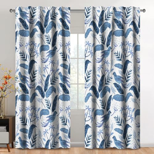 Kzzfqxb 2 Paneele 132x214cm Blumenvorhänge mit Stangentasche, Blaues Hübsche Vögel in Bäumen mit Üppigen Blättern und Blumen Fenstervorhänge, Elegantes Dekor für Wohnzimmer Schlafzimmer Esszimmer