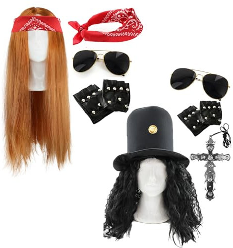 Rockstar Duo Kostüm Set - 80er Jahre Verkleidung Set mit Perücke, Hut mit Haaren, rotem Paisley Bandana, Brille, Handschuhe & Kreuz Halskette - Gitarre Legende Outfit