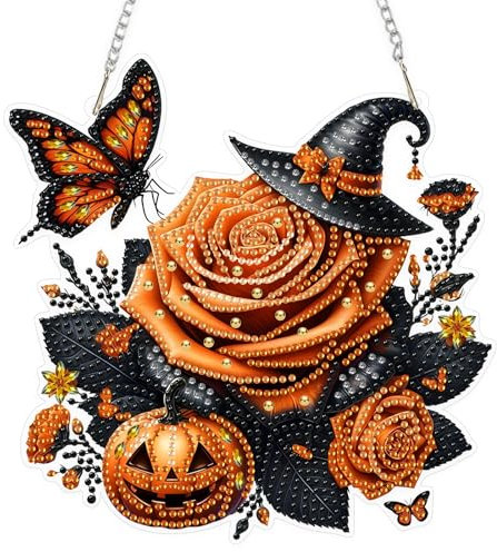 EOBROMD Blumen Diamond Painting Fensterbilder, 5D Kürbis Diamond Painting Anhänger Deko mit Kette, Schmetterling Diamant Malerei für Wand Und Eingang Dekoration