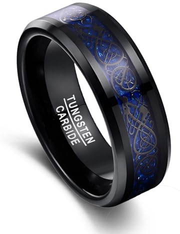 Vakki Herrenring 8mm Schwarz Wolfram Ring Keltische Drachen-Eheringe mit Blaue Kohlefaser für Männer Größe 60(19.1)
