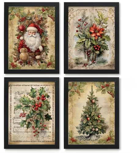 JXREQ Vintage-Weihnachtsbilder, Wanddekor-Drucke, Retro-Weihnachts-Wandkunst-Dekorationen für Zuhause, Küche, Badezimmer, Schlafzimmer, Wohnzimmer, Weihnachtsmann, Weihnachtsbaum-Dekor-Drucke, 4er-Set