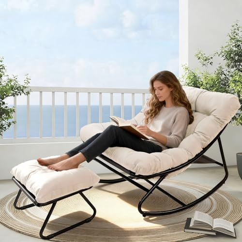 AlpineAura Schaukelstuhl mit Hocker Garten Schaukelsessel Relaxstuhl Wohnzimmer Lesesessel mit Gepolsterter, Schwingsessel Patio, bis 150 kg, für Garten, Hof, Schlafzimmer (Weiß 1)