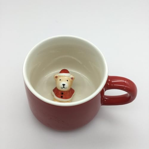 Weihnachtstasse mit Figur – Keramik Becher mit Henkel, Rot/Weiß – Weihnachtsmann, Bär oder Schneemann – Geschenkidee zu Weihnachten, Winter Tasse für Kaffee & Tee – (Bär)