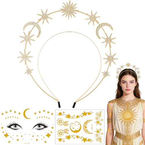 Shengruili Stern Mond Stirnband,Kopfschmuck Gold Sterne,Gesichtstattoo Sterne,Haarschmuck SterneMond,Haarreif Stern Und Mond,HaarreifMond SterneMädchen Für Cosplay Maskerade Geburtstag Kostümparty