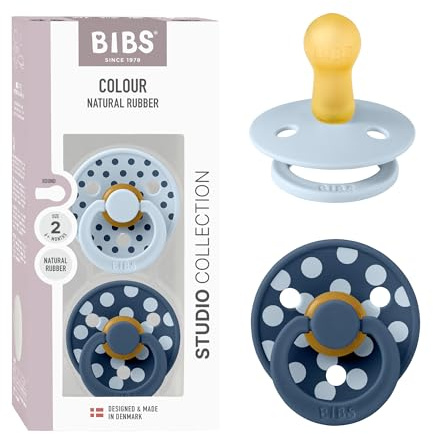 BIBS Colour Studio Polka Schnuller, 6-18 Monate, Baby Blue/Steel Blue | Runder Sauger | Naturkautschuklatex | Größe 2 | BPA-frei | Hergestellt in Dänemark | Hohe Akzeptanz | Luftlöcher