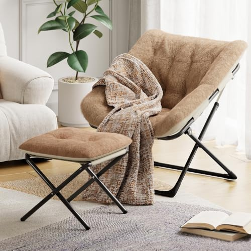 RBFGYIOP Klappsessel Mit Hocker, Klappbarer Sessel Mit Kuscheligem Kunsthasenfell, Großzügige Lounge-Sitzschale Für Jugendliche & Erwachsene, Lesesessel Für Wohnzimmer Schlafzimmer Dorm, Braun