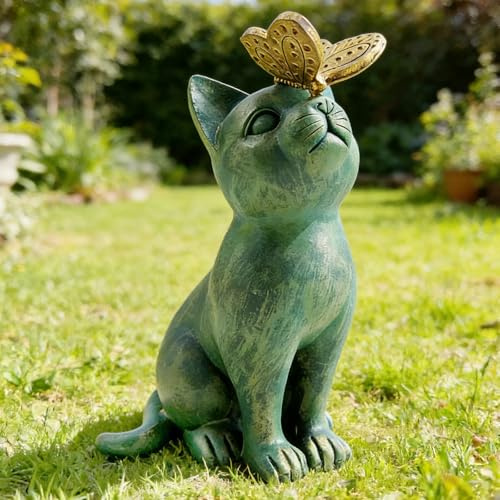 Aicharynic Katzen Deko Garten: Niedlichen Katze Top Schmetterling Ornamente Für Gartendeko, Wasserfeste Tierskulptur Aus Kunstharz Als Katzen Deko Für Außen, Katzenfigur Für Draußen Terrasse