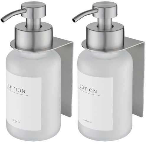 400ml Glas Seifenspender mit Wandhalterung Edelstahl Pumpspender für Flüssigseife ohne Bohren (Frost/Silber X2)